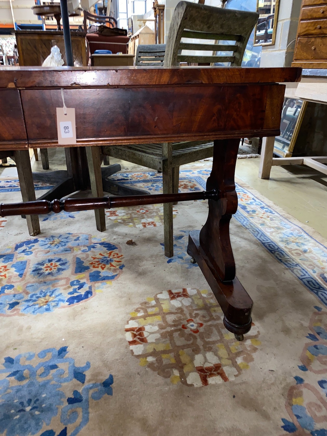 A Victorian mahogany two drawer stretcher table, width 115cm, depth 53cm, height 77cm